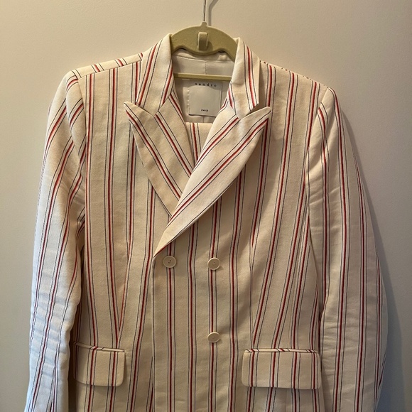 Sandro Linen Cream with Red/Black Thin Stripe Pant Suit